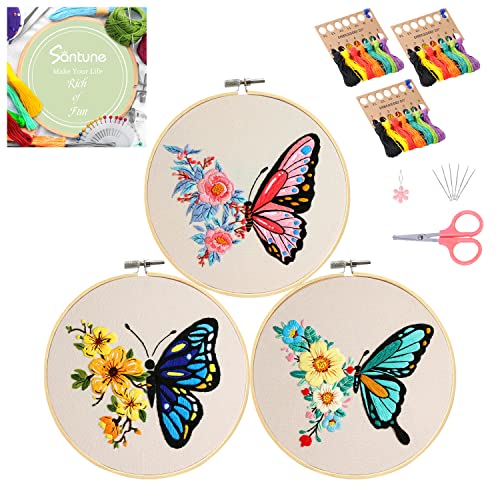 Santune 3 Pack Embroidery Kit for Beginners Adults Cross Stitch Kits with Butterfly Patterns and Instructions,DIY Hand Crafts with 1 Hoop,Threads and 6 Needles