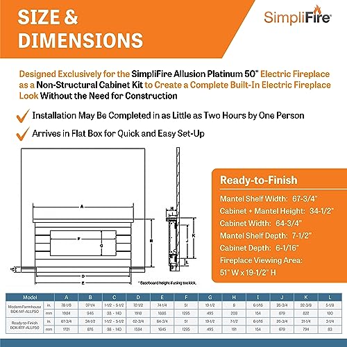 SimpliFire 50-Inch Allusion Platinum Linear Electric Fireplace with Mantel Package, Floor or Floating Install Wall-Mounted Fireplace with Ready-to-Finish Boyd Build-Out Kit, Remote Controlled SIMPLIFIRE