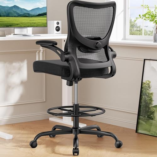 Marsail Drafting Chair, Tall Office Chair with 2D Lumbar Support, Standing Desk Chair with Padded Flip-Up Armrests & Adjustable Footrest Ring, Black Marsail