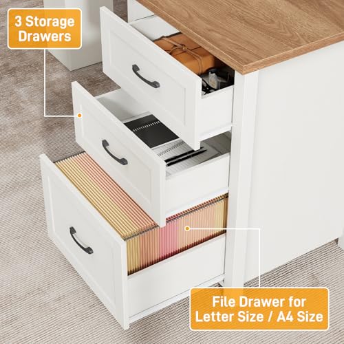 Vabches Farmhouse 68" H L Shaped Desk with Hutch,Office Table with 3 Drawers and Sliding Doors, Executive Desk with File Drawers and Charging Station, Wood Workstation for Home Office and Study Vabches