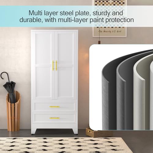 erosoei Metal Armoire Wardrobe Closet, 71 "Metal Clothing Storage Cabinet with Adjustable Shelves and Hanging Rod, Household Steel Wardrobe Storage Cabinet with Drawers erosoei