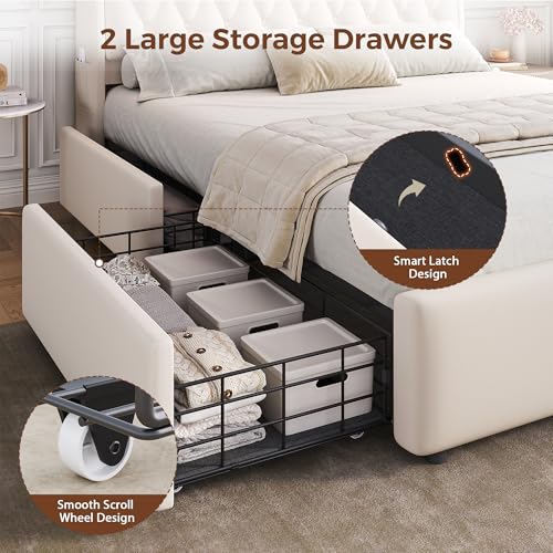 Queen LED Velvet Bed Frame with 2 Storage Drawers&Hidden Headboard, Upholstered Platform Bed with Charging Station&Button Tufted Design, Wooden Slats Support, Box Spring Optional, Easy Assembly, Beige Jocoevol