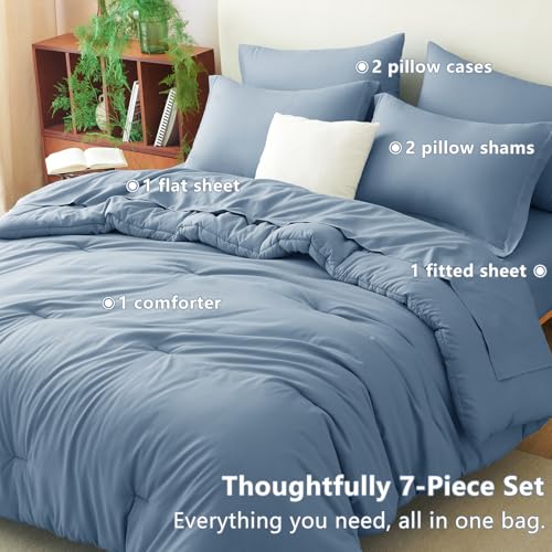 CozyLux Queen Comforter Set Grayish Blue, 7 Pieces Bed in a Bag Queen Comforter Set with Sheets, Bedding Sets with Down Alternative Comforter, Fitted Sheets, Flat Sheets, Pillow Shams and Pillowcases CozyLux