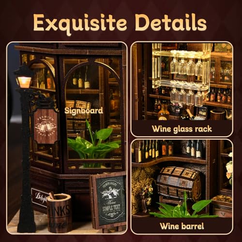 Corner Tavern Book Nook Kit, 3D Wooden Puzzle DIY Miniature House with Warm LED Light, Aesthetic Bookshelf Insert Decor for Adults & Teens