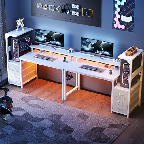 DUMOS L Shaped Gaming Desk with Shelves Storage Drawers 52'', White Computer Desks with LED Lights Power Outlets, Office Wood Table with PC Stand Cable Management for Bedroom Dual Monitor Streaming DUMOS