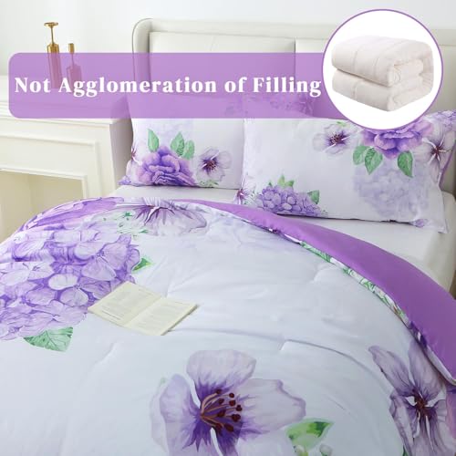 Heymybed Floral Comforter Set Queen Size, 3 Pieces Elegant Purple Floral Bed in a Bag, Soft Microfiber Botanical Flower Bedding Set with 2 Pillowcases for All Season 90"×90" Heymybed