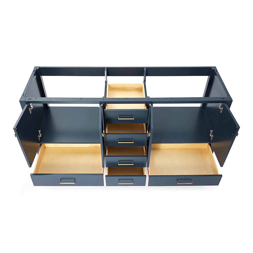ARIEL 72" Midnight Blue Double Bathroom Vanity Base Cabinet, Double Sink Configuration, 2 Soft Closing Doors, 9 Full Extension Dovetail Drawers, Satin Brass ARIEL