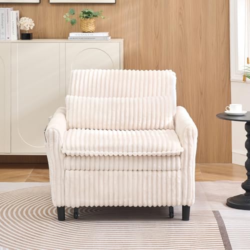 Majnesvon Modern Corduroy Fabric Sofa Bed Futon,3 in 1 Convertible Pullout Sleeper Couches with 3 Reclining Backrests,Small Sofa Chair Bed for Living Room Bedroom (White) Majnesvon