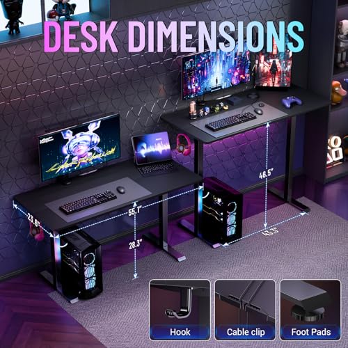 Veken 55 Inch Large Electric Standing Gaming Desk, Heights Adjustable,Sit to Stand Up, Work Home Office Computer Table for Study, Walking Pad, Writing, and Games, Wooden Desktop Desks, Black Veken