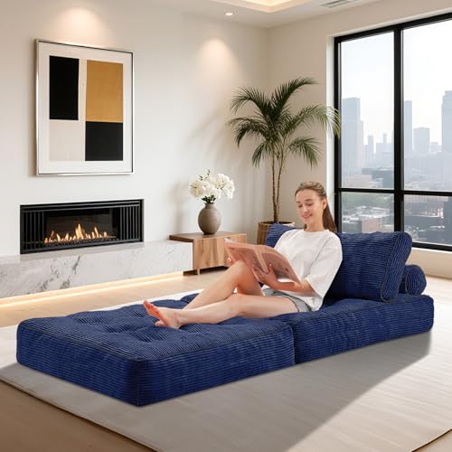 HABUTWAY Folding Sofa Bed, Convertible Sleeper Chair Bed w/Dual-Pillow & Handle, Foldable Floor Sofa Lounge w/Back Support for Living Room, Bedroom, Apartment, Office, Single, Navy Blue HABUTWAY
