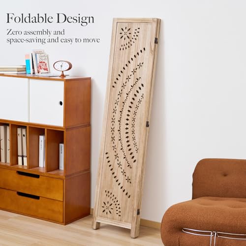 66.9Inch Folding Room Divider, 3 Panels Wood Carved Privacy Screens, Free Assembled Freestanding Partition for Home Office Restaurant Bedroom (Natural) Svimi