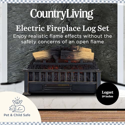 Country Living Electric Fireplace Logs, 20” LED Electric Fireplace Inserts with Infrared Heater, Electric Heater Heats up to 400 Sq. Ft., Remote Controlled Infrared Heaters for Indoor Use, Log Set Country Living