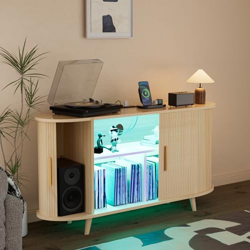 Hretanant Record Player Stand,55" Record Storage Cabinet with Charging Station&USB Ports,Mid Century Turntable Stand with Vinyl Storage&LED Lights,Holds up to 300+ Albums,for Living Room Bedroom,Oak Hretanant