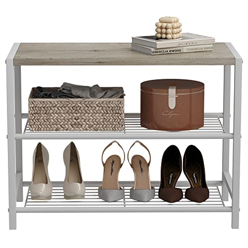 HOMEFORT 3-Tier Shoe Rack, Shoe Storage Shelf, Industrial Shoe Tower, Narrow Shoe Organizer for Closet Entryway, Small Shoe Rack Table with Durable Metal Shelves, White Oak HOMEFORT