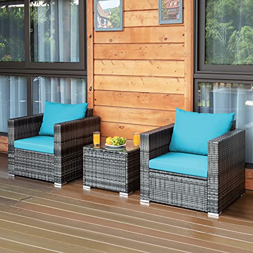 COSTWAY 3 PC Patio Rattan Furniture Bistro Set Cushioned Sofa Chair Turquoise COSTWAY