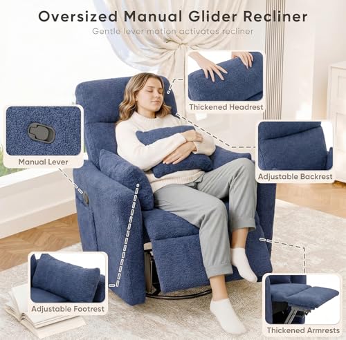 Flamaker Swivel Recliner Chair, Massage Nursery Rocking Chair with 2 Pillows, Comfy Single Sofa Glider Rocking Chair with Side Pockets for Living Room (Fabric, Blue)
