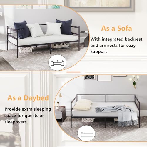 KOMFOTT Metal Daybed Frame Twin Size, Heavy-Duty Steel Slats Support Sofa Bed, Platform Mattress Foundation, Multifunctional Platform Bed Frame, Day Bed for Living Room & Guest Room KOMFOTT