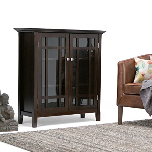 SIMPLIHOME Bedford SOLID WOOD 39 inch Wide Rustic Medium Storage Cabinet in Dark Tobacco Brown, with 2 Tempered Glass Doors, 4 Adjustable Shelves SIMPLIHOME