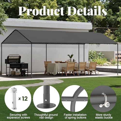 Carport, 10‘ x 20’ Heavy Duty Portable Garage All-Season Car Canopy, Outdoor Garage Boat Shelter Carport Canopy Party Tent w/Water-Resistant Tarp for Backyard (Grey, 10' x 20' /no Side) Phonjoroo