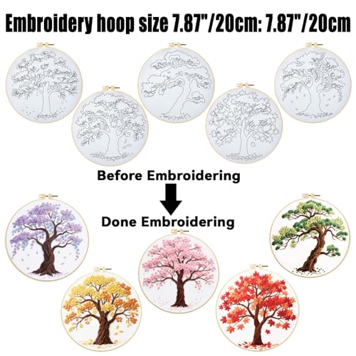 ORIGACH 5 Pcs Seasonal Tree Embroidery Kit for Beginners, Stamped Design Embroidery Starter Kit Includes Cloth, Hoops, Threads & Needles