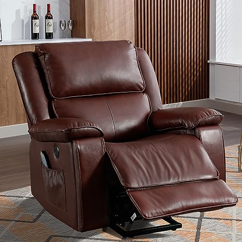Bonzy Home Genuine Leather Lift Recliner Chair with Heat and Massage, Leather Power Lift Recliner RV Recliner for Adults Elderly, 2 Hidden Cup Holders, USB Port, Red Brown