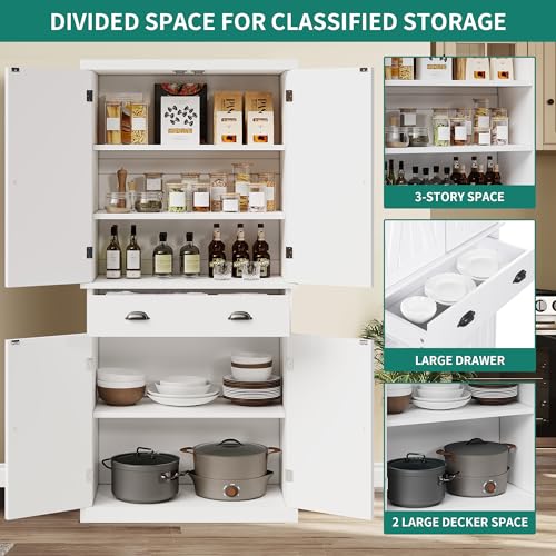 DWVO 72'' Tall Farmhouse Kitchen Pantry with Adjustable Shelves, Wood Kitchen Storage Cabinets with Doors & Drawer, Freestanding Cupboard for for Kitchen, Dining Room, Living Room, White DWVO