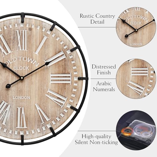 24 Inch Grand Farmhouse Wall Clock, Vintage-Inspired Wood & Metal Design with Large Etched Numbers, Silent Battery-Powered Timepiece for Offices, Kitchens, Bedrooms, and Living Rooms MICWIC