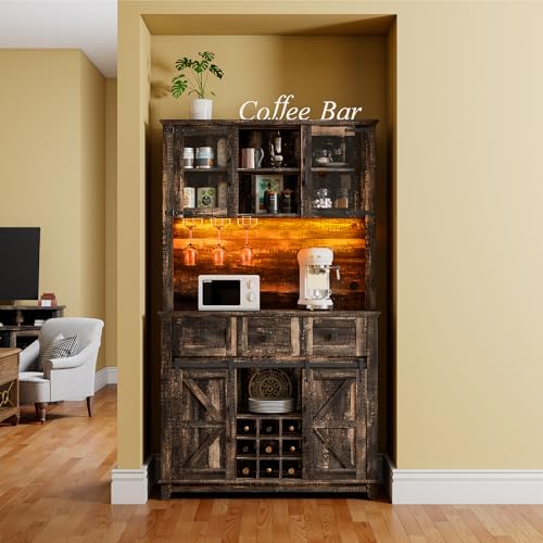 LUXOAK 72" Coffee Bar Wine Cabinet with Sliding Barn Door & LED Lights, Sideboard Buffet Cabinet with Wine Bottle Rack, 3 Drawers, Storage Cabinet for Kitchen, Dining Room, Dark Rustic Oak LUXOAK
