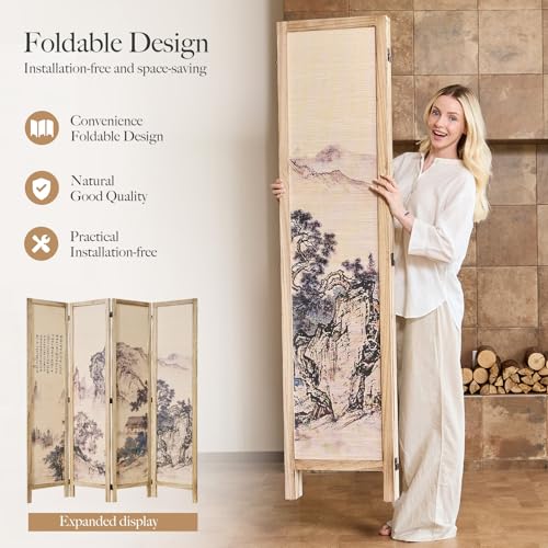Svimi Asian Style Room Divider - 4 Panel Plum Blossom/Mountain/Calligraphy Design with Wood Frame, Freestanding Partition Screen (67″H x 64″W) (Nature, Calligraphy) Svimi