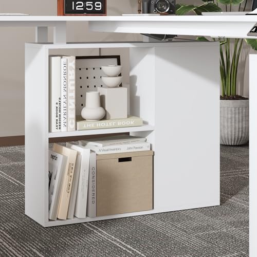 WOODTIME U-Shaped Electric Standing Desk with Drawer, Doors & Open Shelves, Height Adjustable Home Office Computer Stand up Desk with Storage, White WOODTIME