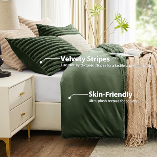 EXQ Home Fluffy Comforter Set Twin Size - Super Soft Faux Fur Stripe Jacquard Comforter 3 Pieces, Olive Green Fleece Bedding Set,Winter Warm Bed Set,1 Comforter with 1 Pillowcase EXQ Home
