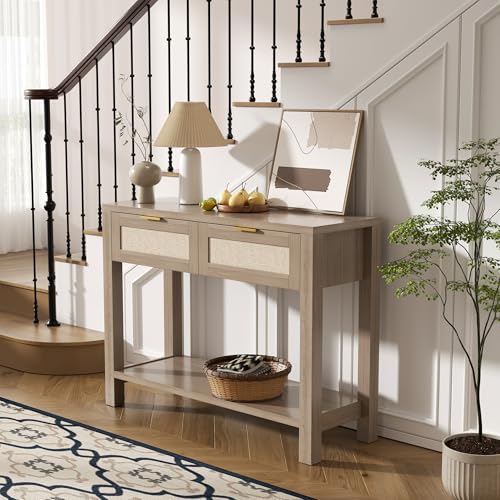 YUUIJOAA Boho Chic Console Table with 2 Rattan Drawers and Open Shelf Storage, Narrow Farmhouse Sofa Table for Small Space Entryway, Living Room,Hallway, Caramel Oak YUUIJOAA