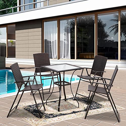 MCombo Patio Dining Set 5 Pieces, Black Outdoor Dining Table and Folding Chairs, Metal Frame Patio Wicker Furniture Set with Square Glass Table Top, for Lawn, Deck, Garden MCombo