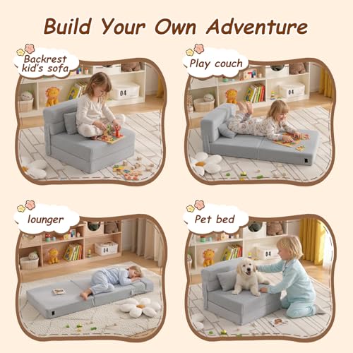 Givjoy Folding Sofa Bed Mattress for Kids with Pillow, Toddler Washable Folding Floor Mat for Daycare, Child Fold Up Sofa Futon Chair Bed with Storage Bag for Playroom, Camping, Girls and Boys, Grey Givjoy