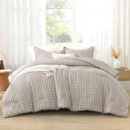 Andency Tan Gingham Comforter Set Twin(66x90Inch), Brown Checkered Grid Plaid Buffalo Bed Set for Girls Boys Kids Teens, 2 Pieces Lightweight Microfiber Geometric Preppy Bedding Andency