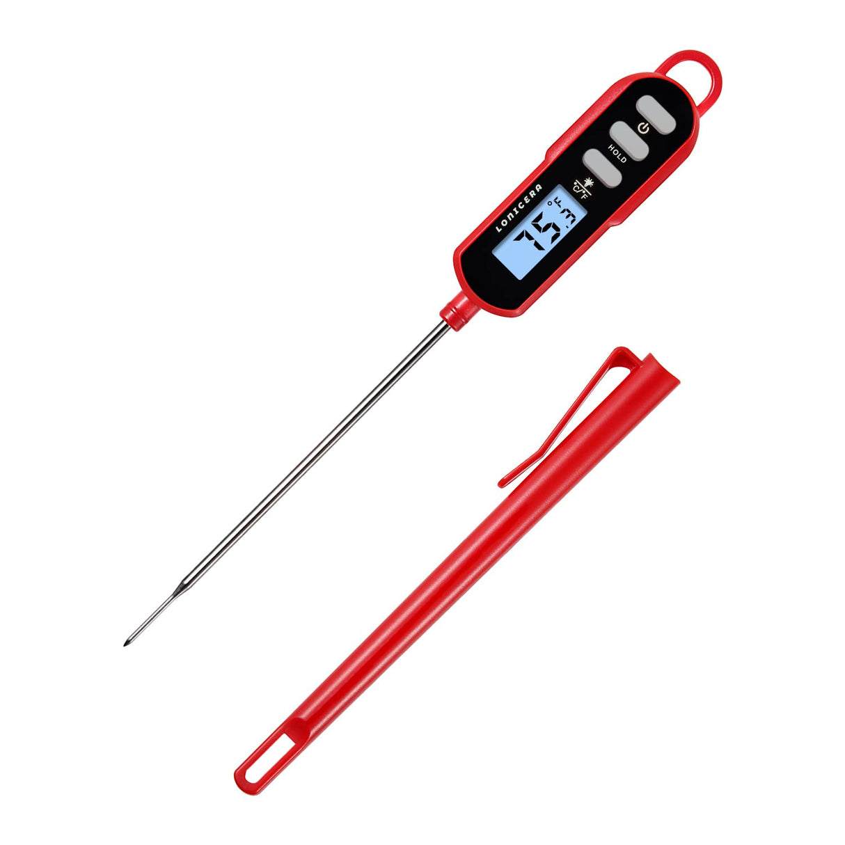 Lonicera Digital Cooking Thermometer for Bread Baking, Food and Water Temperature Measurement. Waterproof and Long Stem with Meat Temp Guide, Display with Backlit (Red) LONICERA