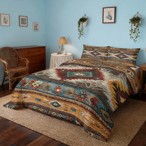 ZDABAOEC Western Full Size Comforter Set 3 Piece, 2 Pillow Shams, Native American Tribal Aztec Navajo Reversible Down Alternative All Season Bedding, Soft Microfiber, Southwestern Bedroom Decor ZDABAOEC