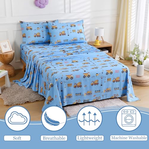 CIMVI Kids Twin Sheets Set for Boys Construction Car Excavator Bed Sheet 15-Inch Deep Pocket Fitted Sheet Soft Microfiber 3 Pieces Bedding with Pillowcase Fade Resistant Children Room Decor CIMVI