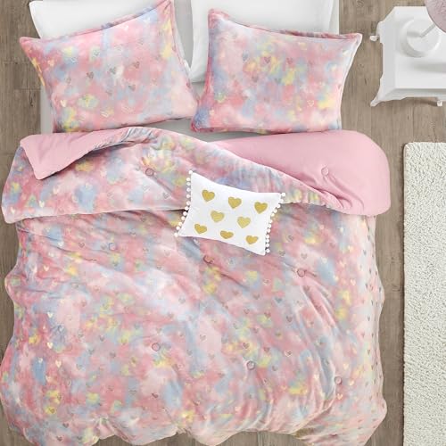 Intelligent Design Queen Comforter Set, 4 Piece Metallic Hearts Bedroom Set for Girls, Queen Bed Set Soft Plush Comforter, Rosalie All Season Fluffy Bedding Set, Full/Queen, Pink Multi/Gold 4 Piece Intelligent Design