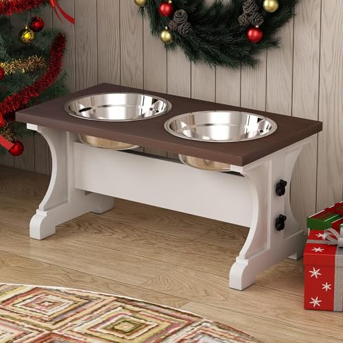 Piskyet Elevated Dog Bowls,Farmhouse Dog Bowls Stand, Raised Dog Bowl with 2 Stainless Steel Wooden Dog Bowls,3.5Cups8.5''H_30 oz Bowl-Farmhouse Style Piskyet