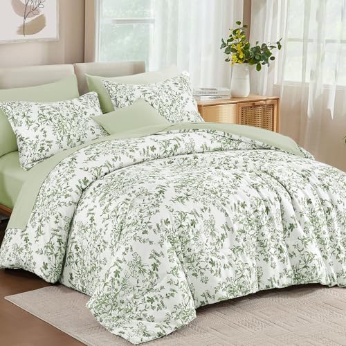WONGS BEDDING 8 Pieces Queen Size Comforter Set Green, Sage Green Floral Bed in a Bag Comforter Sets, Soft Reversible Botanical Flowers Bedding Sets for All Season (90"x90") WONGS BEDDING