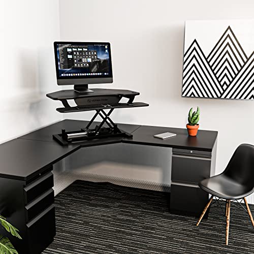VERSADESK® PowerPro™ 36" Corner Standing Desk Converter, 36 Inch Motorized Height-Adjustable Standup Desk Riser Sit to Stand Desktop with Keyboard and Mouse Tray + USB Charging Port, Black VERSADESK