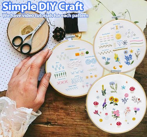Sutesloly Hand Embroidery Kit for Beginners Adults, 4 Sets Learn to Floral Patterns Simple Starter kit for Beginners, Easy Practice Kit, 7.8inch Hoop, DIY Craft Gift for Women, Pink and Blue