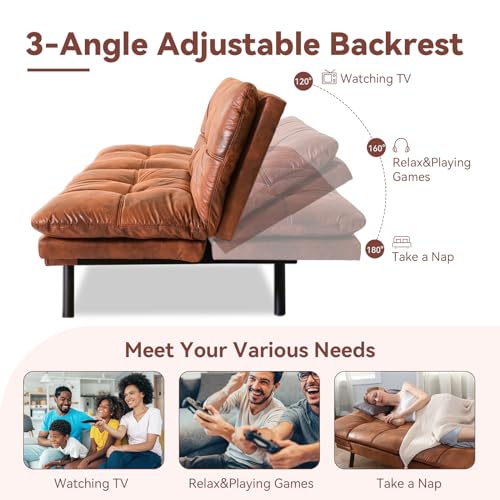 Erdoru Convertible Futon Sofa Bed,Faux Leather Futon Couch,Memory Foam Futons Bed,Small Splitback Modern Loveseat Sleeper Sofa for Living Room,Office,Apartment,Brown Erdoru