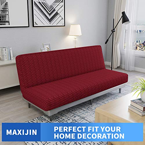 MAXIJIN Jacquard Futon Cover Stretch Armless Futon Sofa Cover Soft Futon Slipcover with Elastic Bottom Thick Sofa Bed Furniture Protector Covers, Machine Washable (Wine Red) MAXIJIN