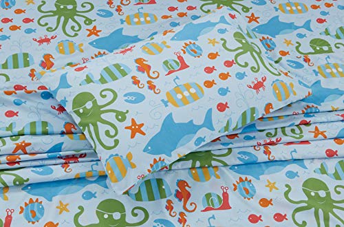 Sheet Set Sea Life Octopus Crabs Fishes Wheals Sharks Light Blue Green Red Orange New # Octopus (Twin) Kids Zone Home Linen