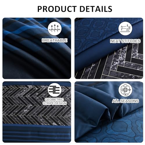 Luxudecor Navy Blue Comforter Set King Size, 7 Pieces Stripe Geometric Bed in a Bag, Soft Microfiber Navy Comforter and Sheet Set Complete Bedding Sets for All Seasons 104"×90" Luxudecor