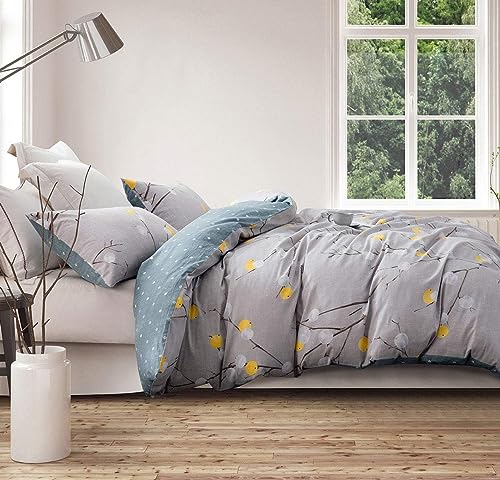 SLEEPBELLA Comforter Twin Size, 600 Thread Count Cotton Grey Branch with Yellow Turquoise Polka Dot Pattern Green Reversible Comforter Set,Down Alternative Bedding Set 2Pcs (Twin, Grey Branch) SLEEPBELLA