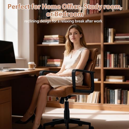 Artswish Leather Office Chair Brown Desk Chair with Wheels Arms, Mid Back Leather Executive Computer Chair Mid Century Chairs for Home Office Artswish