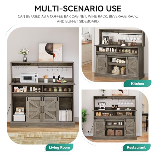 YITAHOME 52" Farmhouse Buffet Cabinet with Storage, Sliding Barn Door, Sideboard Cabinet with Goblet Holder, 5 Hooks and Power Outlets, Coffee Bar Cabinet for Kitchen, Living Room (Rustic Grey Oak) YITAHOME